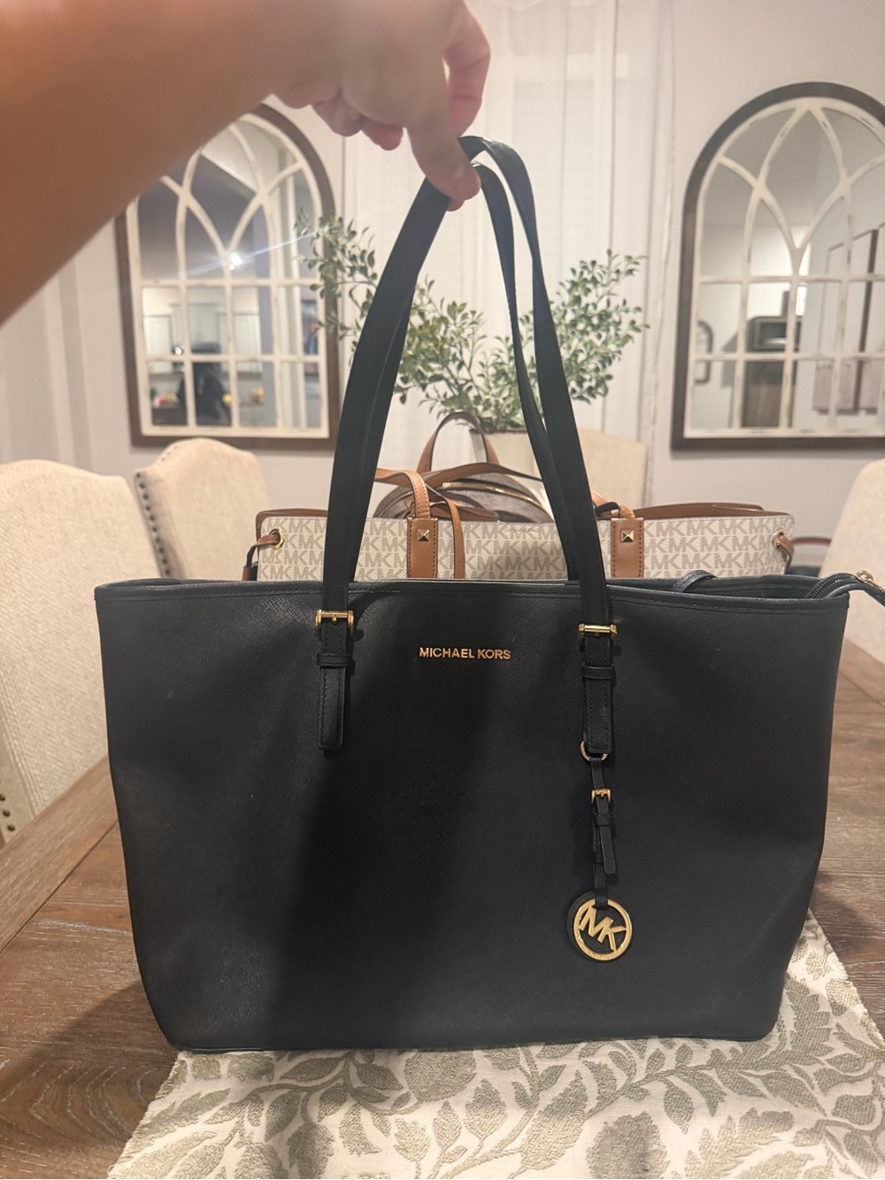 Michael Kors Black Leather Tote with Gold Logo Charm